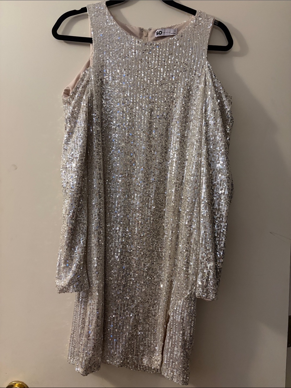 SO Silver Sequin Long Sleeve Cold-Shoulder Shift Dress